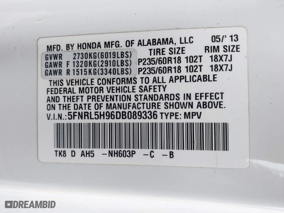 2013 Honda Odyssey Touring with VIN 5FNRL5H96DB089336, listed as a IAAI auction lot 41527990 with 128,770 mi miles. Bid and sale history available at carsss.com. Image 9.
