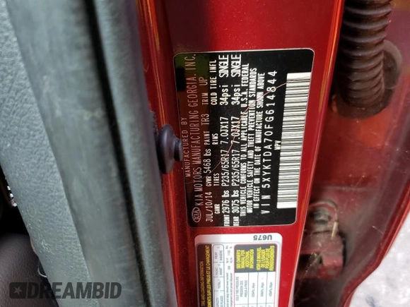 2015 Kia Sorento LX with VIN 5XYKTDA70FG614844, listed as a Copart auction lot 41897655 with Not Provided miles and Clean Title. Bid and sale history available at carsss.com. Image 13.