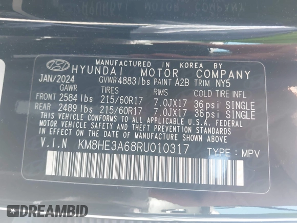 2024 Hyundai Kona Limited с VIN KM8HE3A68RU010317, выставлен на аукционе IAAI как лот 42270825 с пробегом 5 702 миль миль и . История ставок и продаж доступна на DreamBid. Изображение 9.
