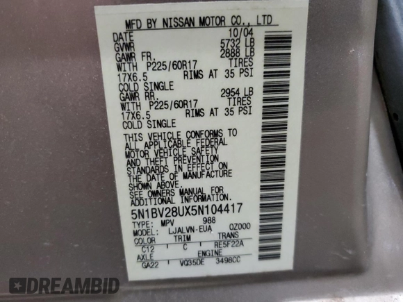 2005 Nissan Quest SL with VIN 5N1BV28UX5N104417, listed as a Copart auction lot 76886914 with 0 mi miles and Salvage Title. Bid and sale history available at carsss.com. Image 14.