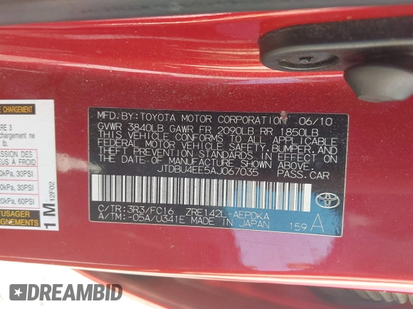2010 Toyota Corolla with VIN JTDBU4EE5AJ067035, listed as a IAAI auction lot 42022402 with 106,616 mi miles. Bid and sale history available at carsss.com. Image 9.