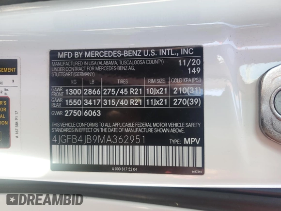 2021 Mercedes-Benz GLE 350 with VIN 4JGFB4JB9MA362951, listed as a Copart auction lot 52010995 with 44,988 mi miles and Salvage title. Bid and sale history available at DreamBid. Image 13.