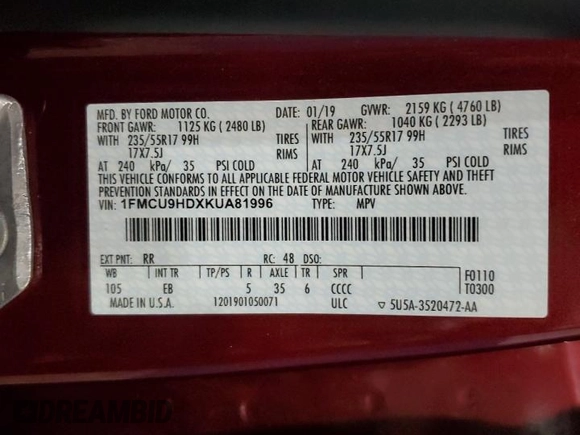 2019 Ford Escape SEL with VIN 1FMCU9HDXKUA81996, listed as a Copart auction lot 88982425 with 40,301 mi miles and Clean Title. Bid and sale history available at carsss.com. Image 14.