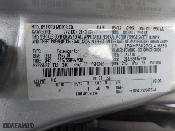 2012 Ford Focus SE with VIN 1FAHP3K27CL416859, listed as a IAAI auction lot 41418565 with 114,525 mi miles. Bid and sale history available at carsss.com. Image 9.