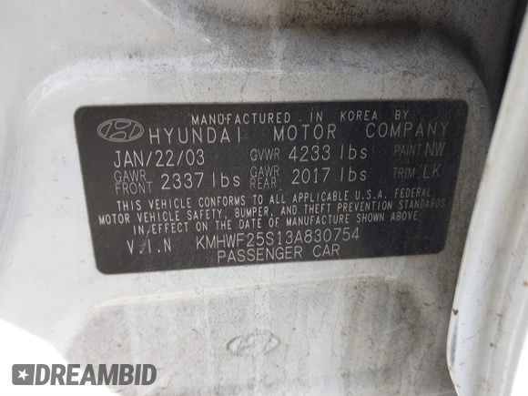 2003 Hyundai Sonata with VIN KMHWF25S13A830754, listed as a IAAI auction lot 41409518 with 207,849 mi miles. Bid and sale history available at carsss.com. Image 9.