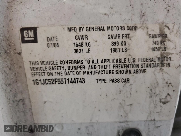 2005 Chevrolet Cavalier with VIN 1G1JC52F557144743, listed as a Copart auction lot 43777425 with 204,527 mi miles and Salvage Title. Bid and sale history available at DreamBid. Image 12.