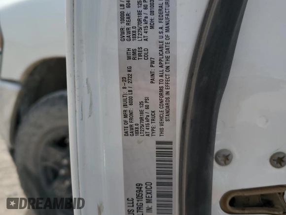 2024 Ram 2500 Big Horn with VIN 3C6UR5DL7RG105949, listed as a Copart auction lot 50240105 with 0 mi miles and Salvage Title. Bid and sale history available at carsss.com. Image 12.