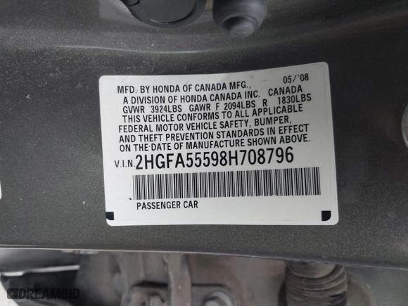 2008 Honda Civic Sdn Si with VIN 2HGFA55598H708796, listed as a IAAI auction lot 41410078 with 105,752 mi miles. Bid and sale history available at carsss.com. Image 9.