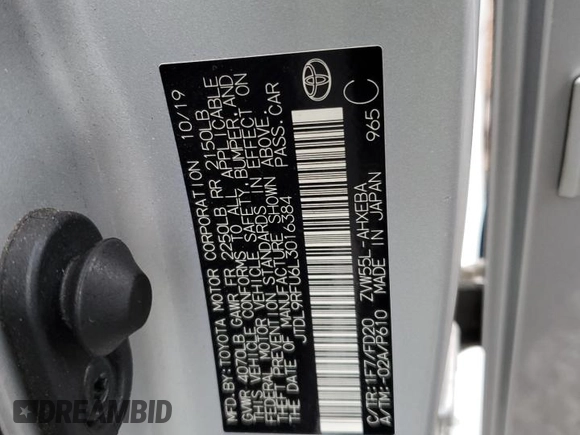 2020 Toyota Prius LE with VIN JTDL9RFU6L3016384, listed as a Copart auction lot 50052665 with Not Provided miles and Salvage Title. Bid and sale history available at DreamBid. Image 12.