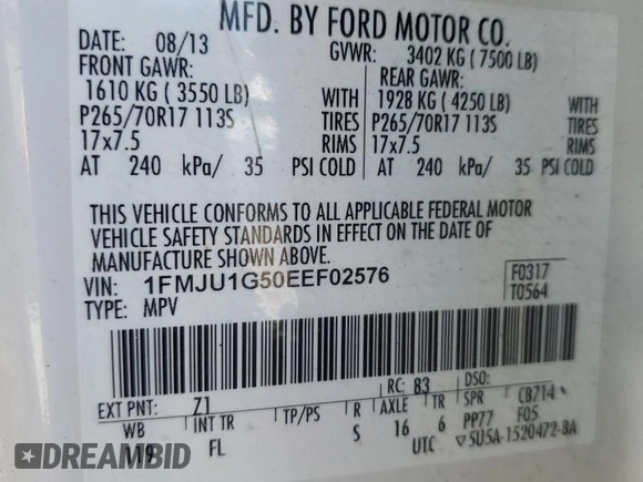 2014 Ford Expedition XL с VIN 1FMJU1G50EEF02576, выставлен на аукционе Copart как лот 55795935 с пробегом 90 920 миль миль и Списание • Salvage title. История ставок и продаж доступна на DreamBid. Изображение 13.