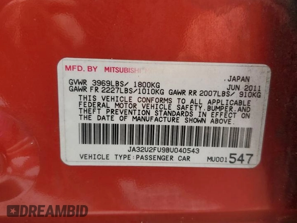 2011 Mitsubishi Lancer ES with VIN JA32U2FU9BU040543, listed as a Copart auction lot 55627275 with 126,853 mi miles and Salvage Title. Bid and sale history available at DreamBid. Image 12.