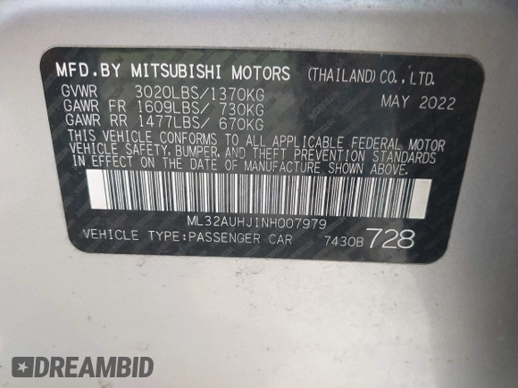 2022 Mitsubishi Mirage ES z VIN ML32AUHJ1NH007979, wystawiony jako IAAI lot #42072563 z przebiegiem 33 296 mil mil oraz . Historia ofert i sprzedaży dostępna na DreamBid. Obrazek 9.