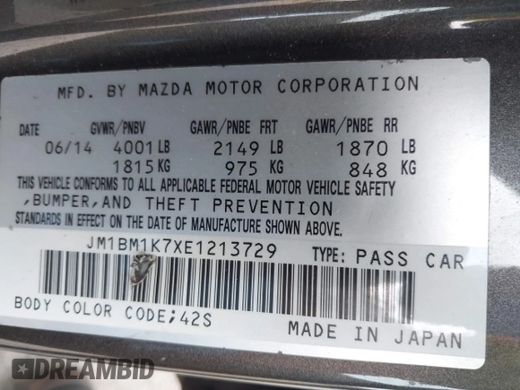 2014 Mazda 3 i Sport with VIN JM1BM1K7XE1213729, listed as a IAAI auction lot 42098411 with 378,589 mi miles. Bid and sale history available at carsss.com. Image 9.