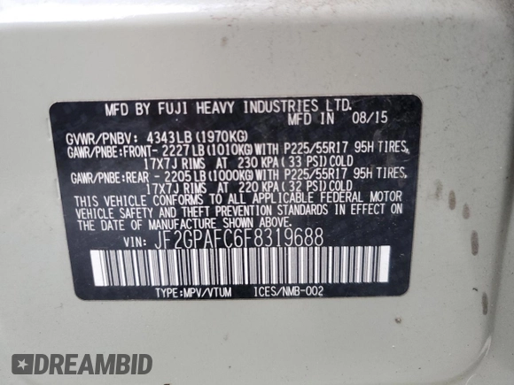2015 Subaru Crosstrek Premium with VIN JF2GPAFC6F8319688, listed as a Copart auction lot 62822095 with 98,149 mi miles and Salvage title. Bid and sale history available at DreamBid. Image 13.