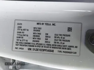 2023 Tesla Model 3 Performance z VIN 5YJ3E1EC9PF545648, wystawiony jako IAAI lot #41573583 z przebiegiem 15 207 mil mil oraz . Historia ofert i sprzedaży dostępna na DreamBid. Obrazek 9.