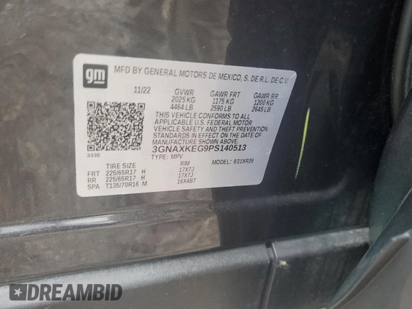 2023 Chevrolet Equinox LT with VIN 3GNAXKEG9PS140513, listed as a Copart auction lot 69610724 with 16,244 mi miles and Clean title. Bid and sale history available at DreamBid. Image 13.