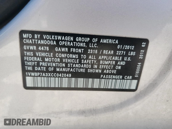 2012 Volkswagen Passat SE with VIN 1VWBP7A3XCC042049, listed as a Copart auction lot 55990465 with 116,659 mi miles and Salvage title. Bid and sale history available at DreamBid. Image 12.