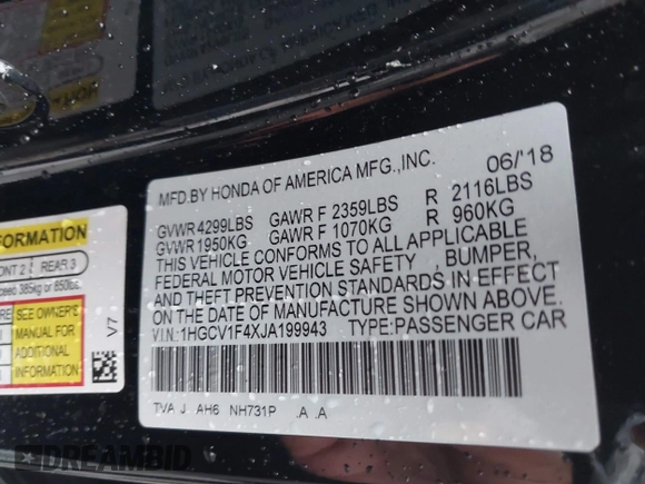 2018 Honda Accord EX with VIN 1HGCV1F4XJA199943, listed as a IAAI auction lot 42263663 with 96,698 mi miles and . Bid and sale history available at DreamBid. Image 9.