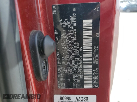 2008 Toyota Sienna CE with VIN 5TDZK23C48S189179, listed as a Copart auction lot 49672355 with 271,473 mi miles and Salvage Title. Bid and sale history available at DreamBid. Image 15.