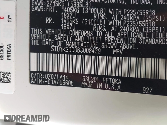 2011 Toyota Sienna XLE AAS with VIN 5TDYK3DC0BS008439, listed as a IAAI auction lot 42292552 with 115,162 mi miles and . Bid and sale history available at DreamBid. Image 9.