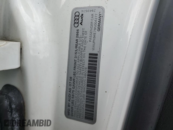 2009 Audi S8 with VIN WAUPN94E79N004277, listed as a Copart auction lot 50964165 with 131,457 mi miles and Salvage Title. Bid and sale history available at DreamBid. Image 12.