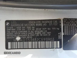 2002 BMW 5 Series 530i with VIN WBADT53482CE93903, listed as a Copart auction lot 43745445 with 0 mi miles and Salvage Title. Bid and sale history available at carsss.com. Image 14.