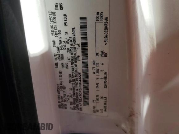 2017 Ford F-150 XL with VIN 1FTEX1CP5HKD43225, listed as a Copart auction lot 57268165 with 283,095 mi miles and Salvage title. Bid and sale history available at DreamBid. Image 12.