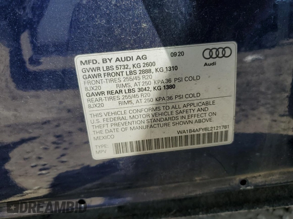 2020 Audi SQ5 Premium Plus with VIN WA1B4AFY6L2121781, listed as a Copart auction lot 62810055 with 74,626 mi miles and Non repairable. Bid and sale history available at DreamBid. Image 13.