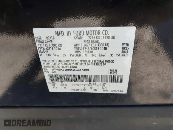 2016 Ford Explorer z VIN 1FM5K7B80GGC37399, wystawiony jako IAAI lot #41987201 z przebiegiem 134 126 mil mil oraz . Historia ofert i sprzedaży dostępna na DreamBid. Obrazek 9.