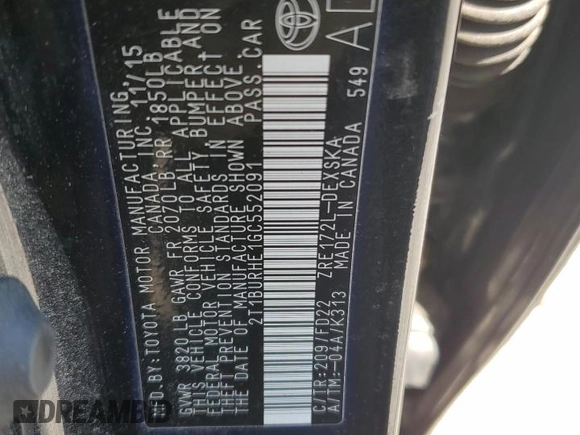 2016 Toyota Corolla L with VIN 2T1BURHE1GC552091, listed as a Copart auction lot 60868385 with 160,002 mi miles and Salvage title. Bid and sale history available at DreamBid. Image 12.