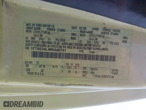 2008 Ford Econoline Cargo Commercial with VIN 1FTSE34L48DA90791, listed as a IAAI auction lot 42221268 with 268,744 mi miles and . Bid and sale history available at DreamBid. Image 9.