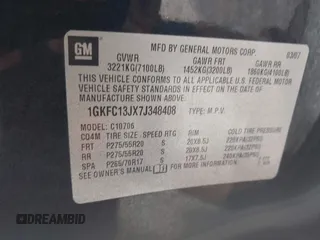 2007 GMC Yukon SLT z VIN 1GKFC13JX7J348408, wystawiony jako IAAI lot #41687021 z przebiegiem Nie podano mil oraz . Historia ofert i sprzedaży dostępna na DreamBid. Obrazek 9.
