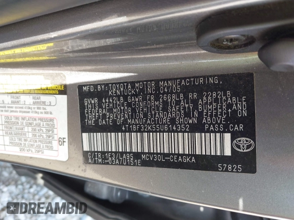 2005 Toyota Camry LE with VIN 4T1BF32K55U614352, listed as a IAAI auction lot 41937831 with 217,425 mi miles and . Bid and sale history available at DreamBid. Image 9.