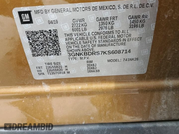 2019 Chevrolet Blazer z VIN 3GNKBDRS7KS608714, wystawiony jako Copart lot #53957205 z przebiegiem 126 162 mil mil oraz Szkoda całkowita • Salvage title. Historia ofert i sprzedaży dostępna na DreamBid. Obrazek 13.