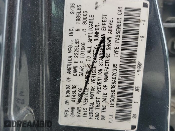 2006 Honda Accord LX SE z VIN 1HGCM56396A020395, wystawiony jako Copart lot #57247205 z przebiegiem Nie podano mil oraz Szkoda całkowita • Salvage title. Historia ofert i sprzedaży dostępna na DreamBid. Obrazek 12.