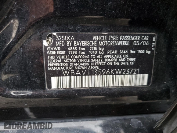 2006 BMW 3 Series 325xi with VIN WBAVT13596KW23721, listed as a Copart auction lot 76916824 with Not provided miles and Salvage title. Bid and sale history available at DreamBid. Image 14.
