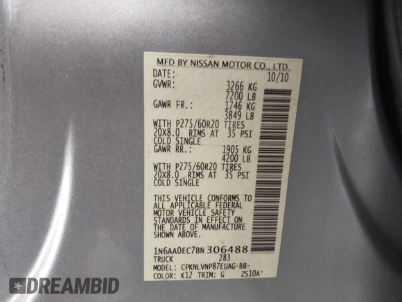 2011 Nissan Titan SL with VIN 1N6AA0EC7BN306488, listed as a IAAI auction lot 41413618 with 102,465 mi miles. Bid and sale history available at carsss.com. Image 9.