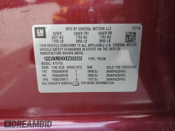 2014 Chevrolet Silverado 1500 LT with VIN 1GCVKREHXEZ392202, listed as a Copart auction lot 54003005 with 130,597 mi miles and Salvage Title. Bid and sale history available at DreamBid. Image 12.