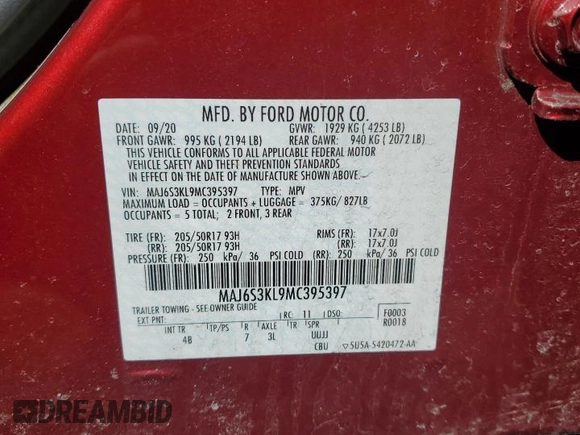 2021 Ford EcoSport Titanium z VIN MAJ6S3KL9MC395397, wystawiony jako Copart lot #49327885 z przebiegiem 46 786 mil mil oraz Szkody całkowita. Historia ofert i sprzedaży dostępna na DreamBid. Obrazek 12.