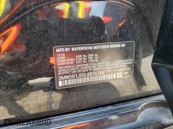 2020 BMW 3 Series 330i with VIN 3MW5R1J00L8B16760, listed as a Copart auction lot 59345705 with 39,672 mi miles and Salvage title. Bid and sale history available at DreamBid. Image 13.