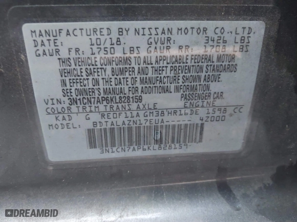 2019 Nissan Versa Sedan SV with VIN 3N1CN7AP6KL828159, listed as a IAAI auction lot 41722674 with 132,854 mi miles. Bid and sale history available at carsss.com. Image 9.