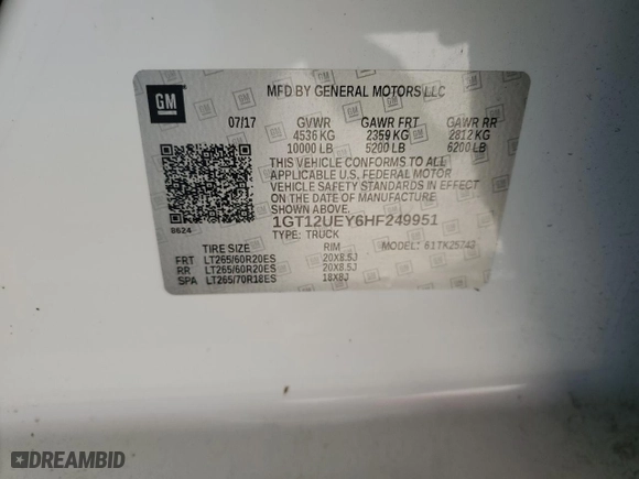 2017 GMC Sierra 2500HD Denali with VIN 1GT12UEY6HF249951, listed as a Copart auction lot 41397235 with 99,713 mi miles and Salvage Title. Bid and sale history available at carsss.com. Image 12.