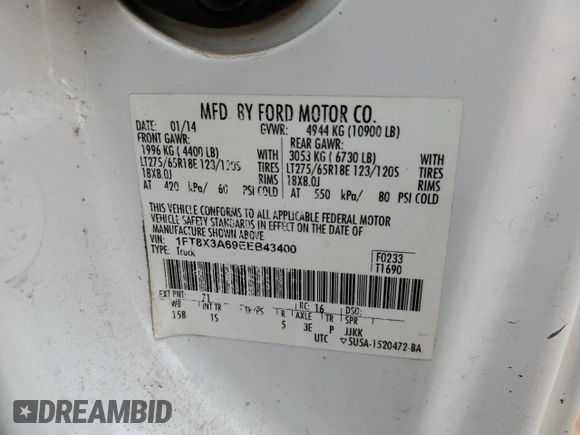 2014 Ford F-350 XL с VIN 1FT8X3A69EEB43400, выставлен на аукционе Copart как лот 60288145 с пробегом 239 618 миль миль и Списание • Salvage title. История ставок и продаж доступна на DreamBid. Изображение 12.