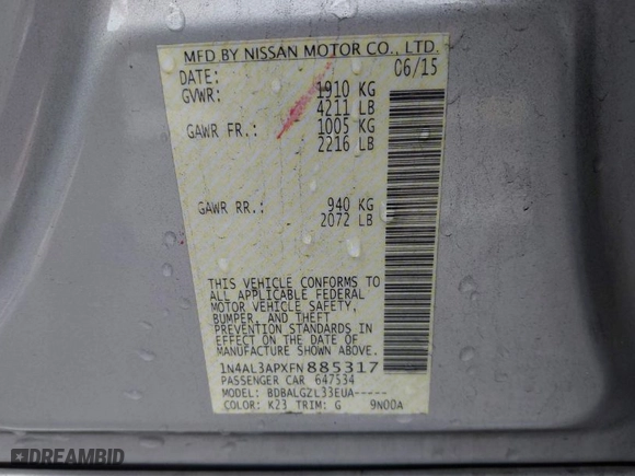 2015 Nissan Altima 2.5 S with VIN 1N4AL3APXFN885317, listed as a IAAI auction lot 41582772 with 189,607 mi miles. Bid and sale history available at carsss.com. Image 9.