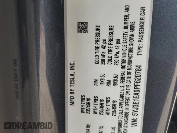 2023 Tesla Model 3 z VIN 5YJ3E1EA0PF620784, wystawiony jako Copart lot #49323115 z przebiegiem 69 263 mil mil oraz Szkoda całkowita • Salvage title. Historia ofert i sprzedaży dostępna na DreamBid. Obrazek 14.