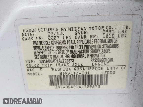 2010 Nissan Sentra SR with VIN 3N1AB6AP1AL722873, listed as a IAAI auction lot 41687505 with 210,623 mi miles and . Bid and sale history available at DreamBid. Image 9.