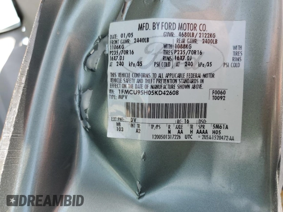 2005 Ford Escape Hybrid with VIN 1FMCU95H05KD42608, listed as a Copart auction lot 55048415 with Not provided miles and Non repairable. Bid and sale history available at DreamBid. Image 13.