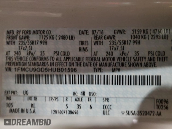 2017 Ford Escape SE with VIN 1FMCU9GD5HUB01596, listed as a Copart auction lot 88322465 with 119,892 mi miles and Non Repairable. Bid and sale history available at DreamBid. Image 14.