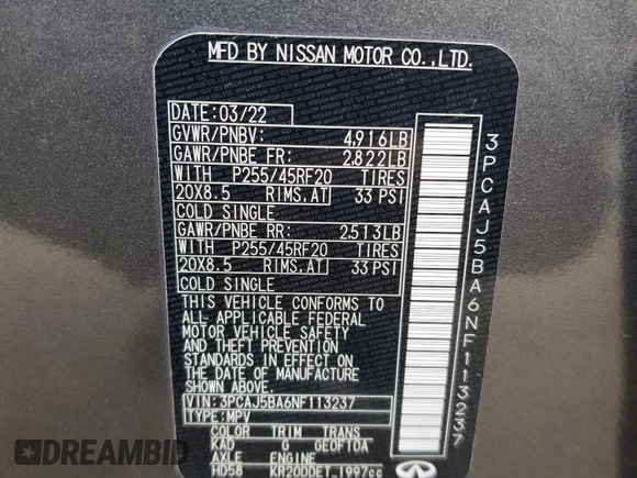 2022 Infiniti QX50 Luxe z VIN 3PCAJ5BA6NF113237, wystawiony jako Copart lot #42326275 z przebiegiem 44 538 mil mil oraz Szkoda całkowita • Salvage title. Historia ofert i sprzedaży dostępna na DreamBid. Obrazek 14.