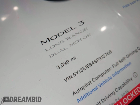 2025 Tesla Model 3 Long Range with VIN 5YJ3E1EB4SF913766, listed as a IAAI auction lot 41975164 with 3,099 mi miles and . Bid and sale history available at DreamBid. Image 14.